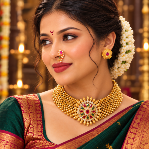 Maharashtrian floral Thushi choker necklace with stud earrings and Nath