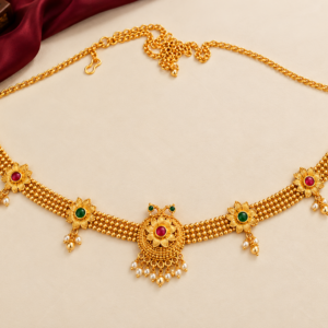 Gold finish Kamarpatta waist chain with floral ruby green stone motifs, pearl-style drops and adjustable hook chain.