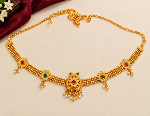 Gold finish Kamarpatta waist chain with floral ruby green stone motifs, pearl-style drops and adjustable hook chain.
