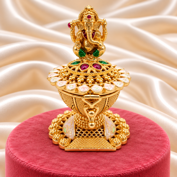 Lord Ganesha kumkum box with lotus design and decorative stones