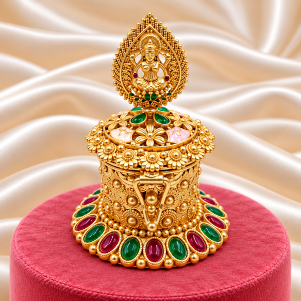 Goddess Lakshmi kumkum box with floral design and red green decorative stones