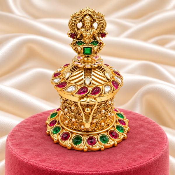 Goddess Lakshmi kumkum box with ruby green stones and pearl design