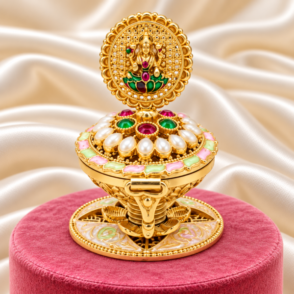 Goddess Lakshmi kumkum box with pearl and lotus design
