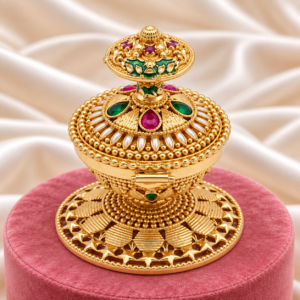 Traditional kumkum box with pearl petals and ruby green decorative stones