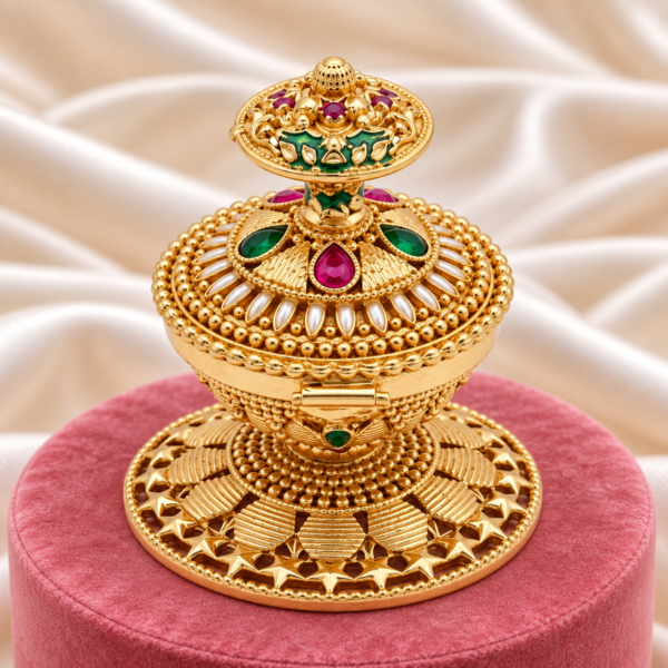 Traditional kumkum box with pearl petals and ruby green decorative stones