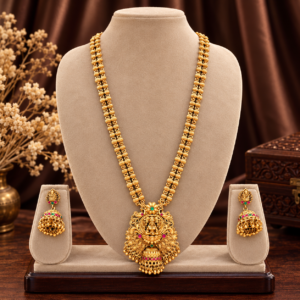 Floral Lakshmi pendant long haram set with antique jhumka earrings