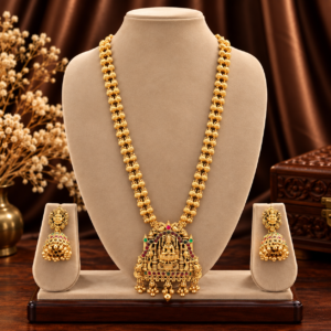 Goddess Lakshmi temple arch long haram set with jhumka earrings