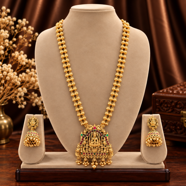 Goddess Lakshmi temple arch long haram set with jhumka earrings