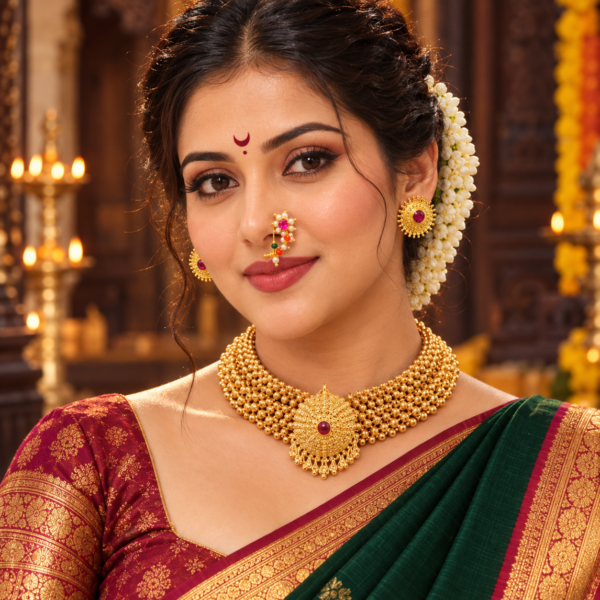 Maharashtrian Thushi choker with round pendant stud earrings and Nath
