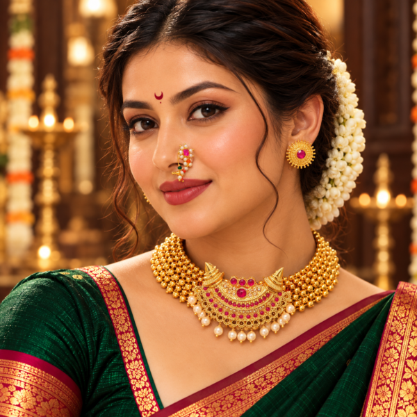 Maharashtrian Chandrakor Thushi necklace with stud earrings and Nath