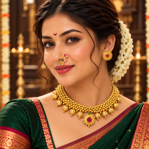 Maharashtrian gold bead Thushi necklace with stud earrings and Nath