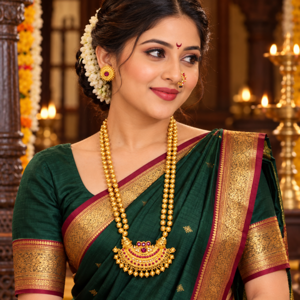 Maharashtrian woman wearing long Chandrakor Mala with stud earrings