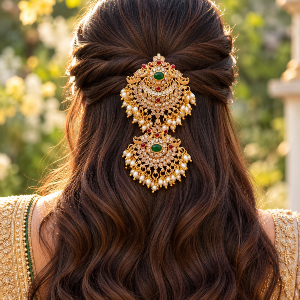 Bride wearing South Indian double peacock Jada Billa with ruby green stones and pearl drops on a half-up hairstyle.