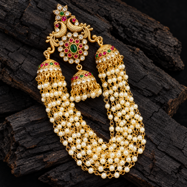 Gold-tone peacock jhumka hair ornament with green centre stone, ruby-red accents, three decorative jhumkas and layered white pearl chains.