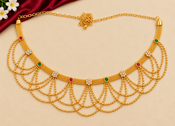 Traditional gold finish Kamarpatta waist belt with ruby-red, emerald-green and white floral stones, mesh band and cascading gold-tone bead chains.