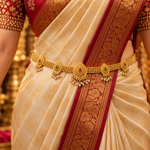 Gold finish paisley Kamarpatta waist belt with ruby green stones and pearl-style drops worn over a cream silk saree with maroon border.