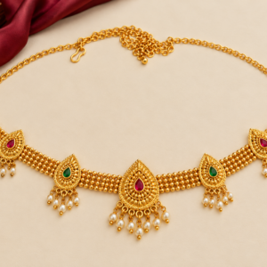 Traditional gold finish paisley Kamarpatta waist belt with five mango-shaped ornaments, ruby green stones and pearl-style hanging drops.