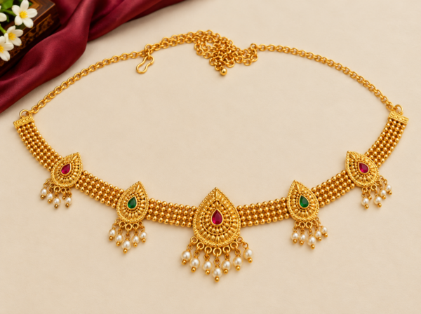 Traditional gold finish paisley Kamarpatta waist belt with five mango-shaped ornaments, ruby green stones and pearl-style hanging drops.