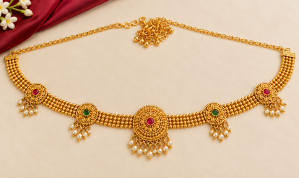 Traditional South Indian gold finish Kamarpatta waist belt with circular floral motifs, ruby green stones and pearl-style hanging drops.