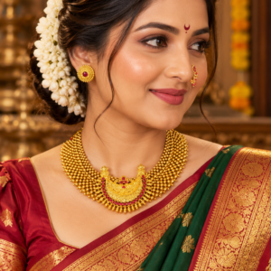 Maharashtrian Chandrakor Thushi necklace with ruby studs and Nath