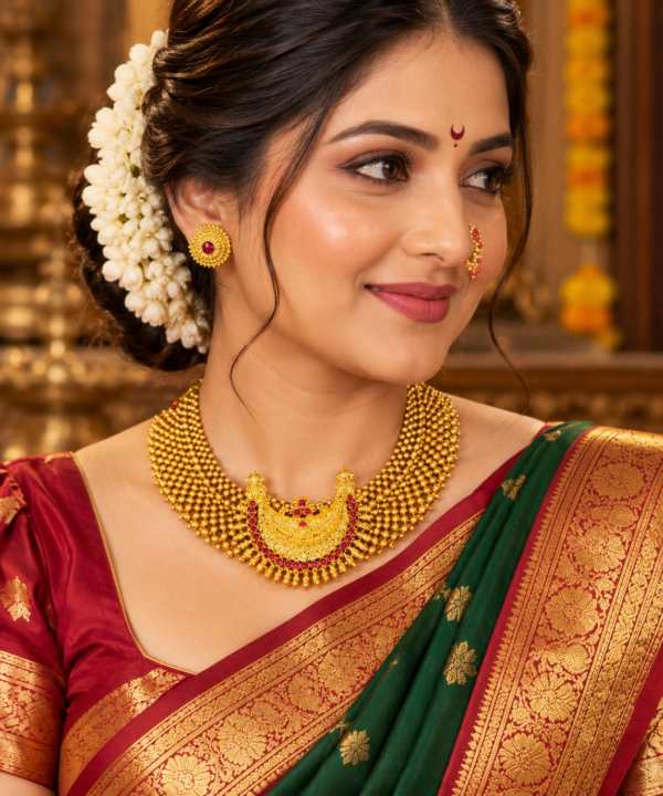 Maharashtrian Chandrakor Thushi necklace with ruby studs and Nath