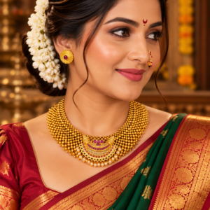 Maharashtrian Chandrakor Thushi with pearl drops stud earrings and Nath