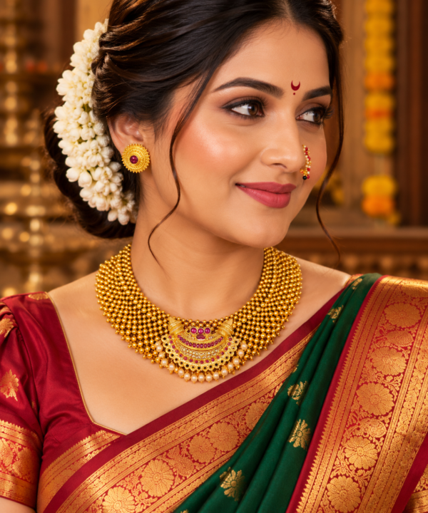 Maharashtrian Chandrakor Thushi with pearl drops stud earrings and Nath