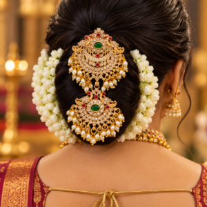 South Indian bride wearing double Rakodi Jada Billa with peacock design, ruby green stones and pearl drops on jasmine-decorated hair bun.