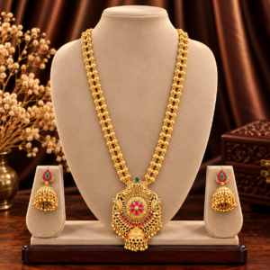 Ruby floral medallion long haram set with jhumka earrings