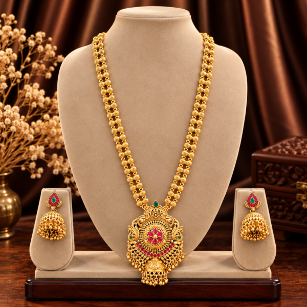 Ruby floral medallion long haram set with jhumka earrings