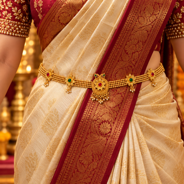 Traditional gold finish floral Kamarpatta waist belt with ruby green stones and pearl drops worn over a silk saree.