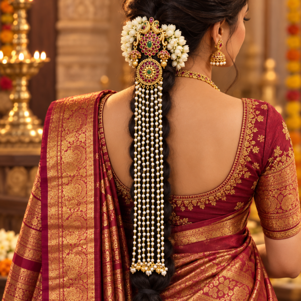 South Indian bride wearing antique gold Jada Billa hair choti with ruby green peacock design and long pearl chains.