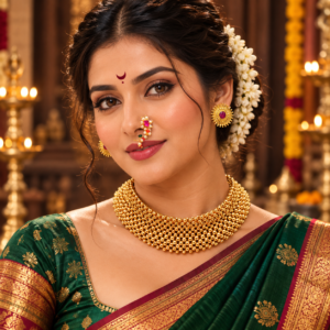 Traditional Maharashtrian Thushi necklace with stud earrings and Nath