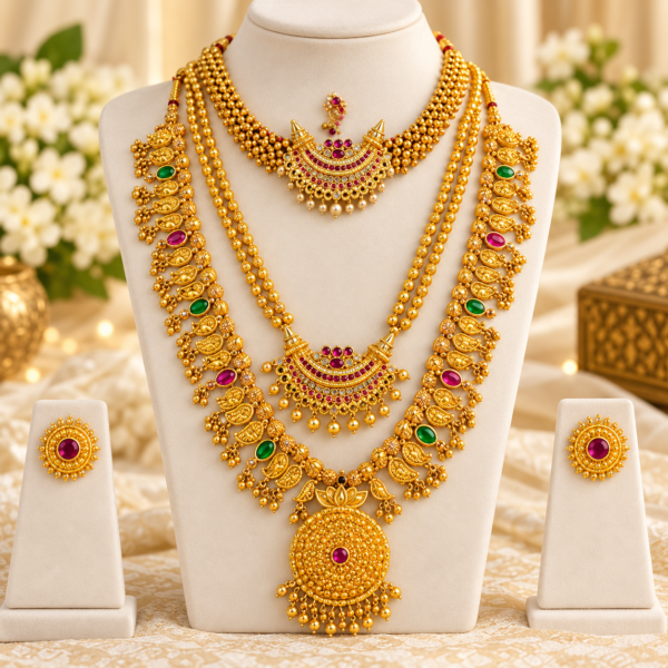 Maharashtrian Kolhapuri Saaj Chandrakor Mala and Chandrakor Thushi set with stud earrings