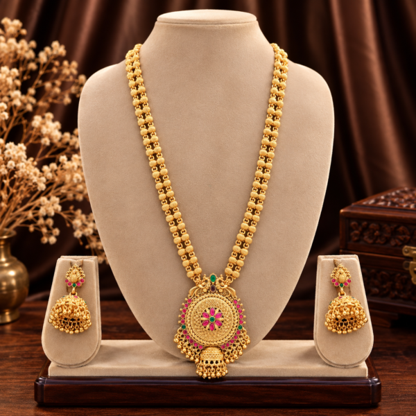 Matte gold finish long necklace set with floral pendant and jhumka earrings